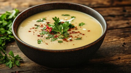A hearty bowl of mushroom soup garnished with fresh herbs and a drizzle of cream, placed on a rustic wooden table