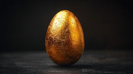 Fototapeta premium A single golden egg sits on a dark surface, showcasing its shiny, textured surface.