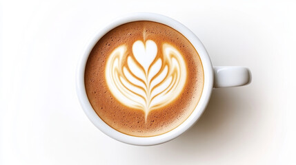 Top view of a cappuccino featuring heart-shaped latte art, served in a white cup on a clean white background, showcasing barista skills.

