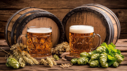 Two frothy beer mugs placed on a rustic wooden table, surrounded by hops, barley, and vintage barrels, creating a traditional brewery scene.

