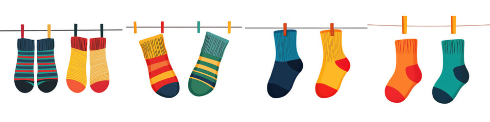 Colorful socks hanging on a clothesline, showcasing various patterns and designs, perfect for adding fun to any space.