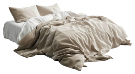 PNG  Cozy unmade bed with pillows