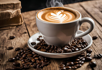 Coffee cup with latte art on wooden table background.