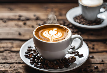 Coffee cup with latte art on wooden table background.