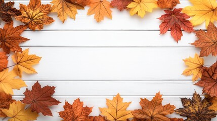 Vibrant autumn maple leaves are laid out on a white wooden table, leaving plenty of space for adding text or designs