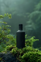 A sleek black bottle rests on a mossy rock amidst lush greenery in a misty forest setting during early morning light