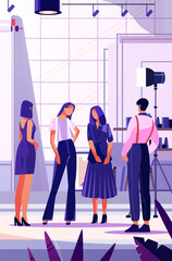 Fototapeta premium Fashion photo shoot scene models and photographer in studio with lighting equipment stylish outfits contemporary setting