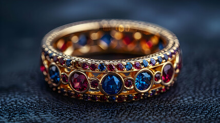 Naklejka premium Gold Ring with Red and Blue Gemstones - Jewelry Photography
