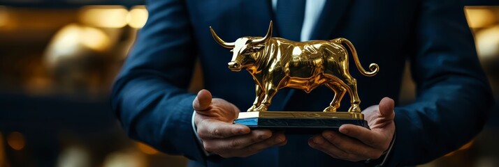A financial broker in a suit holds a golden bull statuette for the best performance in the market