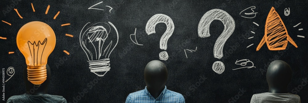 Poster three faceless figures under chalk-drawn light bulbs and question marks on a black background. repre