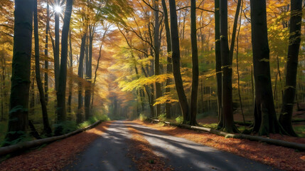 Golden Tree-Lined Path in autumn. A straight path lined with tall trees bearing golden yellow leaves stretches into the distance.