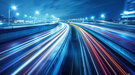 Fototapeta premium Long-exposure photo of highway traffic at night, creating dynamic light trails against a city skyline. Perfect for urban or technology themes.