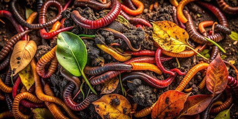 Vibrant earthworms, insects, and microorganisms thrive in rich, dark soil, teeming with decaying leaves and roots, symbolizing fertility, growth, and the cyclical nature of life.