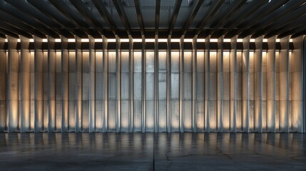 Contemporary architectural interior with dramatic vertical light beams illuminating a spacious, industrial-style room.