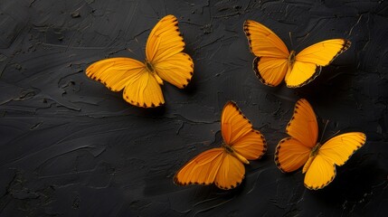 Four bright yellow butterflies resting on a textured black background, showcasing a striking color contrast.