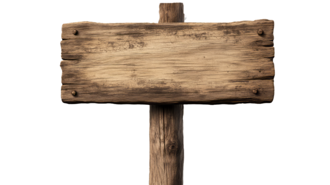 a light wooden sign on a long wooden pole on transparency background PNG