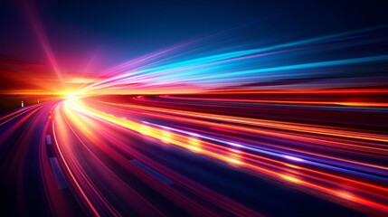 Abstract light trails of vivid colors speeding along a highway at sunset, creating a dynamic and futuristic visual effect.