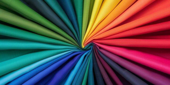 A vibrant spectrum of colorful fabric folds spiraling towards the center, creating a dynamic and eye-catching textile display.