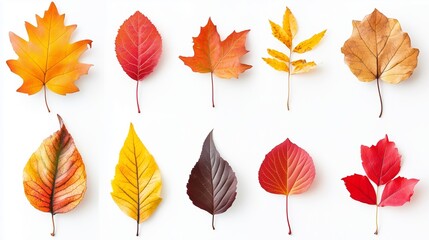 Obraz premium A colorful assortment of autumn leaves displayed on a white background, showcasing the vibrant hues of fall in a natural arrangement