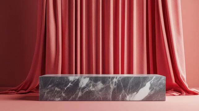 'agonal blur curtain backgroundMock wall splay product red marble table banner poduim display background diagonal studio dais showcase block white perspective'