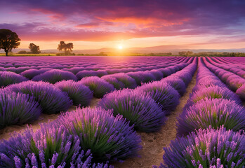 Fototapeta premium A beautiful purple Lavender field at sunset