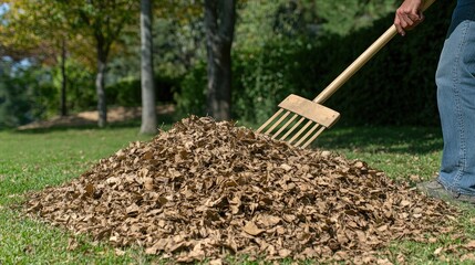 A man carefully rakes a colorful pile of autumn leaves in a tranquil park, enjoying outdoor work on a crisp fall day