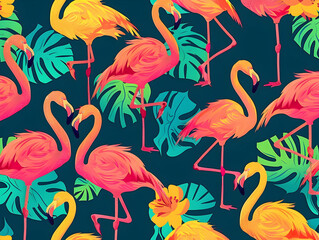 Obraz premium Tropical Flamingo Pattern with Vibrant Pink and Yellow Birds and Lush Green Leaves