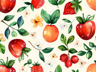 Fresh Fruit and Floral Pattern with Strawberries, Apples, and Citrus on a Light Background"