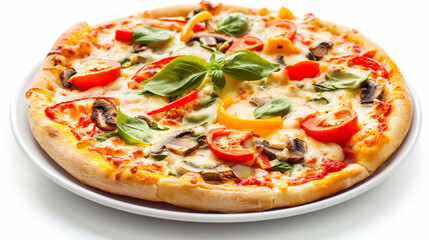 A delicious vegetarian pizza with colorful vegetables, Crisp crust and melted cheese. Concept Vegan Recipes, Plant-based Cooking, Healthy Eating, Burger Ideas, Meatless Options. World Vegetarian Day
