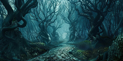 Spooky foggy forest at night