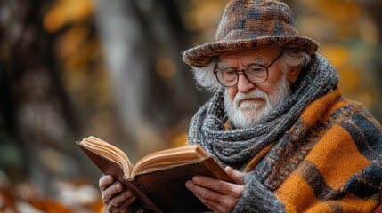 An elderly man engrossed in reading a book while sitting outdoors. He is wearing a cozy hat and wrapped in an orange scarf, with a backdrop of soft-focus autumn leaves.