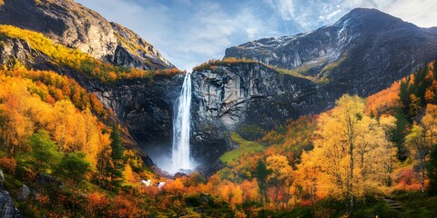 Waterfall in autumn mountains, panoramic nature landscape, national park travel photo 