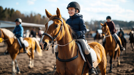 Obraz premium A child wearing a helmet and protective gear is riding a horse in an outdoor equestrian setting with other children on horses in the background.