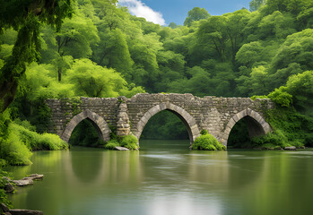 Fototapeta premium Stone bridge over the river in the green forest. Summer landscape.
