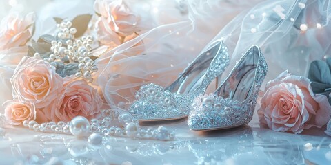A delicate princess gown, tiara, and glass slippers, with enchanted roses, pearls, and fairy dust. The scene is whimsical and magical, set against a soft pastel backgroun