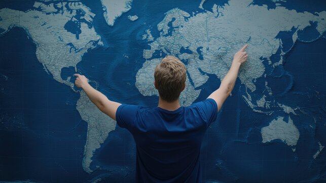 A focused high school boy points at a world map on his wall, displaying his curiosity and engagement with geography in a casual setting
