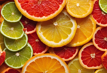 Fototapeta premium Slices of different citrus fruit including lemons, lines, grapefruits and oranges. 