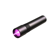 A modern black flashlight with a vibrant purple beam, ideal for outdoor adventures and emergency situations. transparent background