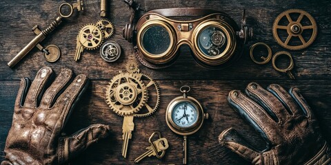 A steampunk-inspired outfit with goggles, gears, a pocket watch, and leather gloves. The flat lay features brass mechanical parts and old-fashioned keys on a wooden surfa