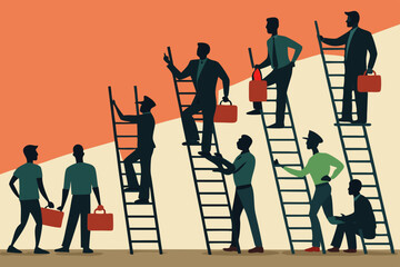 A series of silhouetted workers stand on ladders, each facing sideways, emphasizing repetition and uniformity, while conveying themes of consistency and effort
