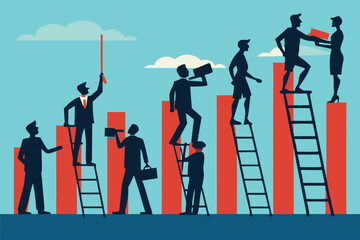 A series of silhouetted workers stand on ladders, each facing sideways, emphasizing repetition and uniformity, while conveying themes of consistency and effort
