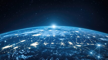 Obraz premium The digital landscape pulses with light, depicting a vast network of connections in a dark blue environment, symbolizing the interconnectivity of today's world