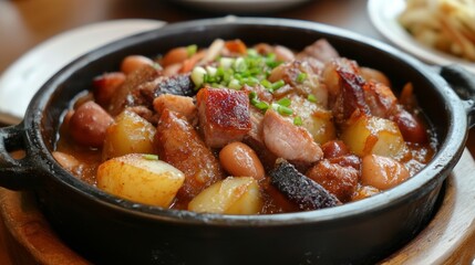 The national cuisine of Macau. Feijoados (stewed dish of beans, pork, potatoes, cabbage and spicy sausages)