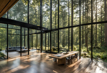 Interior of a modern living room with panoramic windows and wooden floor