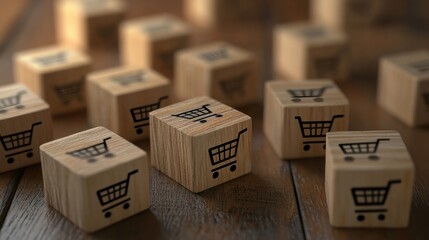 Growing sales concept with shopping cart icons on wooden cubes increasing in size
