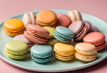 colorful macaroons on a blue plate on a pink background