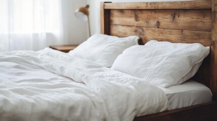 White Bedding and Wooden Headboard