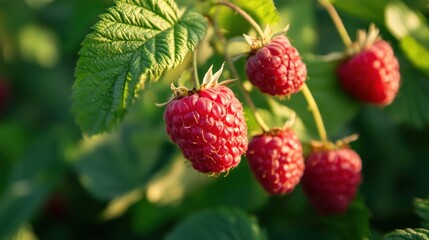 Ripe Raspberries on a Branch
