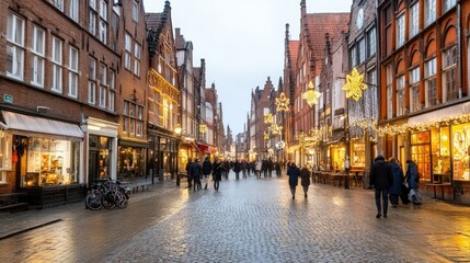 Fototapeta premium Brick-paved street in Col charton, Canada, bustling with people enjoying evening shopping under softly glowing lights from local shops