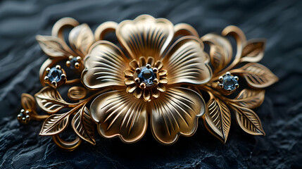 Fototapeta premium Gold Flower Brooch with Blue Gemstones 3D Illustration